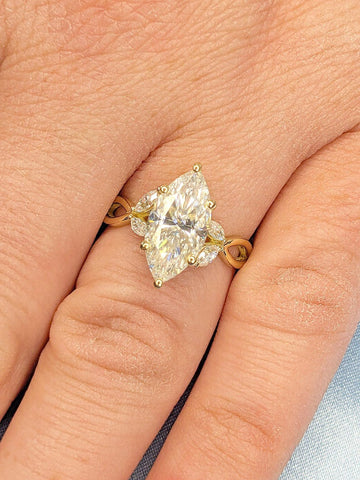 Vintage Diamond Wedding Band | Art Deco Leaf Yellow Gold Branch Matching Band | Twig Band Unique Marquise Lab Diamond Anniversary Women Gift