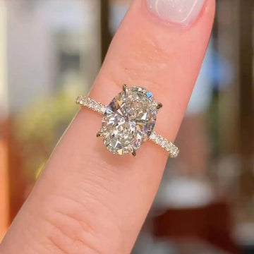 3 Ct Oval Moissanite Engagement Ring with Hidden Halo Diamond Set, 14k Solid Gold High Profile 3/4 Eternity Pave Anniversary Luxurious Ring