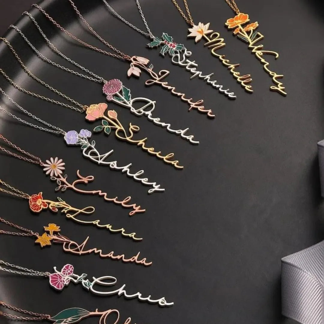 Enamel Name Necklace CNC Engraved Flower Any Colour Flower Can Be Done. 18K Gold Plated.  Gold, Silver Available.